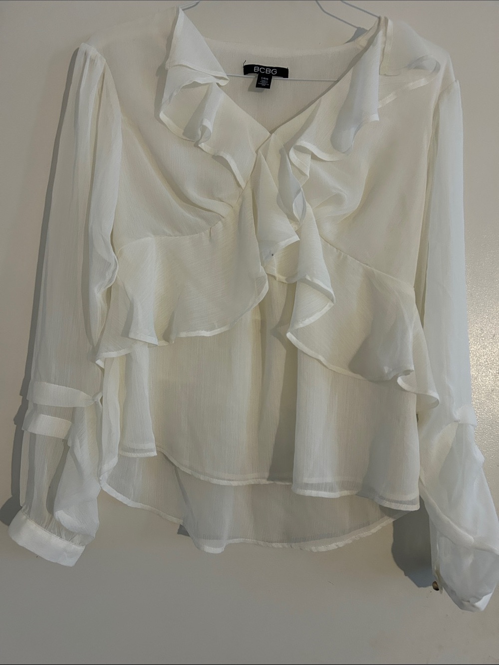 BCBG Ivory Ruffle V-Neck Blouse